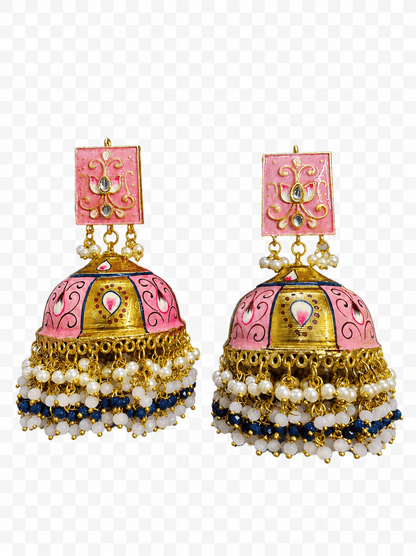 Zevar Earrings Royal Pink Meenakari Big Size Jhumka Earrings with Kundan, Pearl & Blue Beads