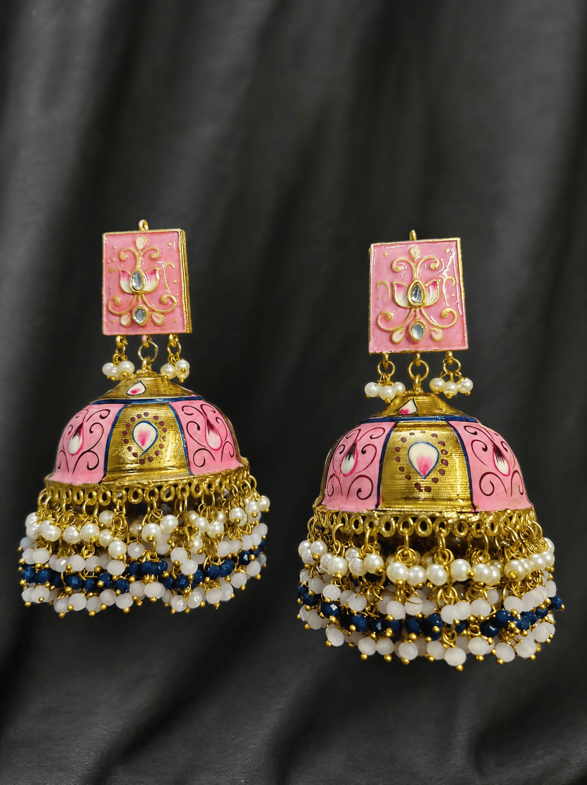 Zevar Earrings Royal Pink Meenakari Big Size Jhumka Earrings with Kundan, Pearl & Blue Beads