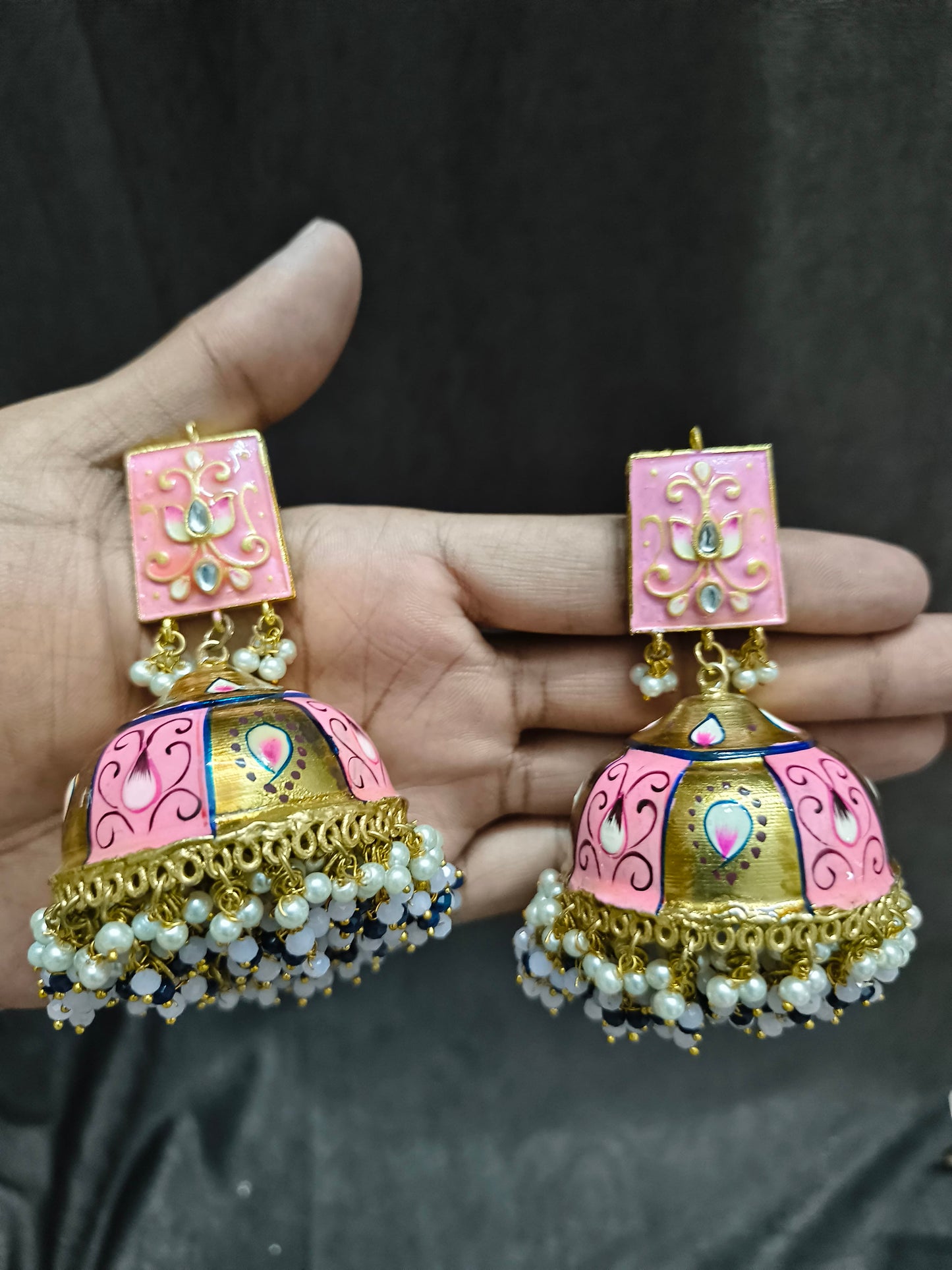 Zevar Earrings Royal Pink Meenakari Big Size Jhumka Earrings with Kundan, Pearl & Blue Beads