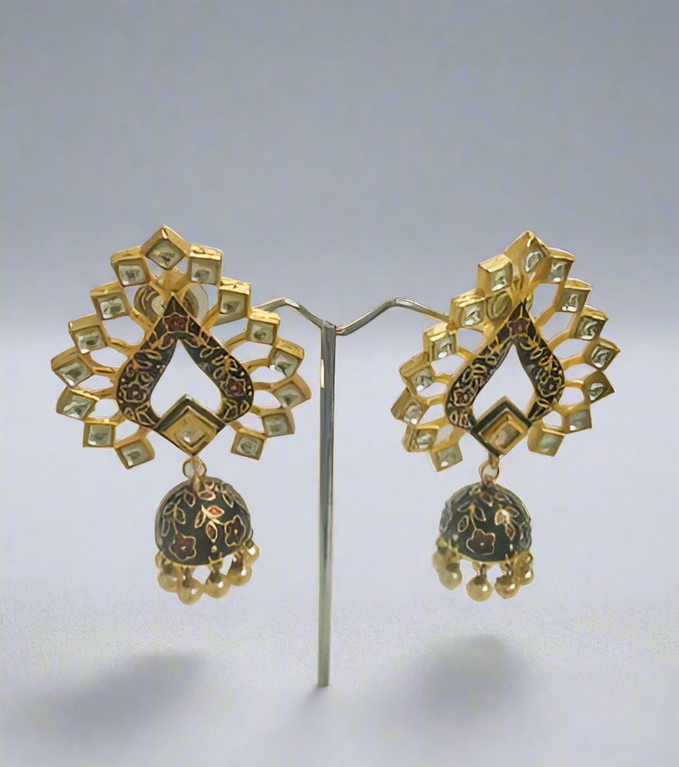 Zevar Earrings ZEVAR | Black Meenakari Kundan Stud Earrings with Jhumka & Pearl Drops