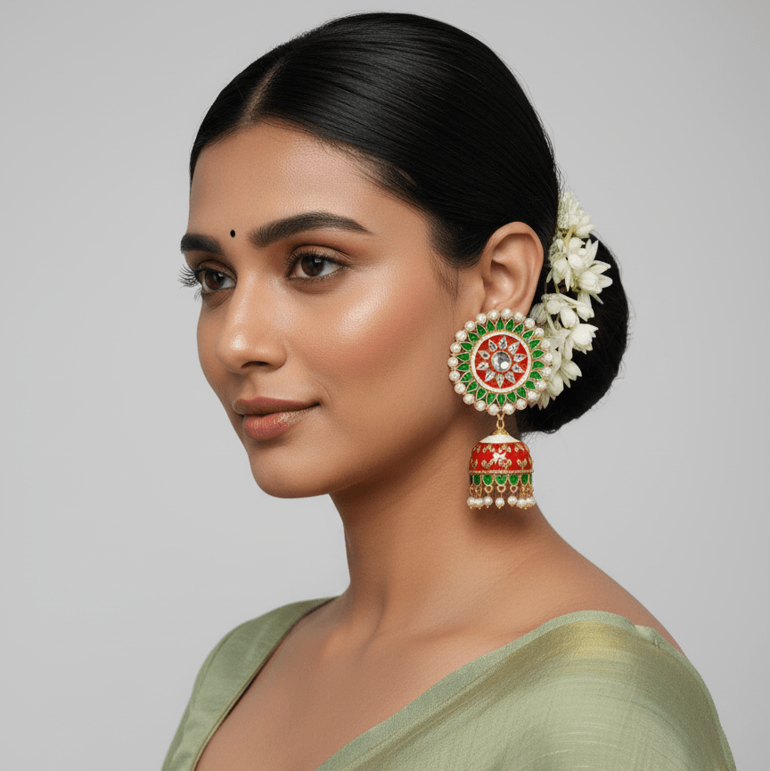 Zevar Earrings ZEVAR I Red & Green Gold-Plated Handcrafted Dome-Shaped Jhumkas