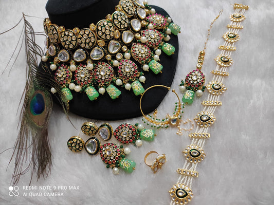 Zevar Elegant Light Green Kundan Choker Necklace Set