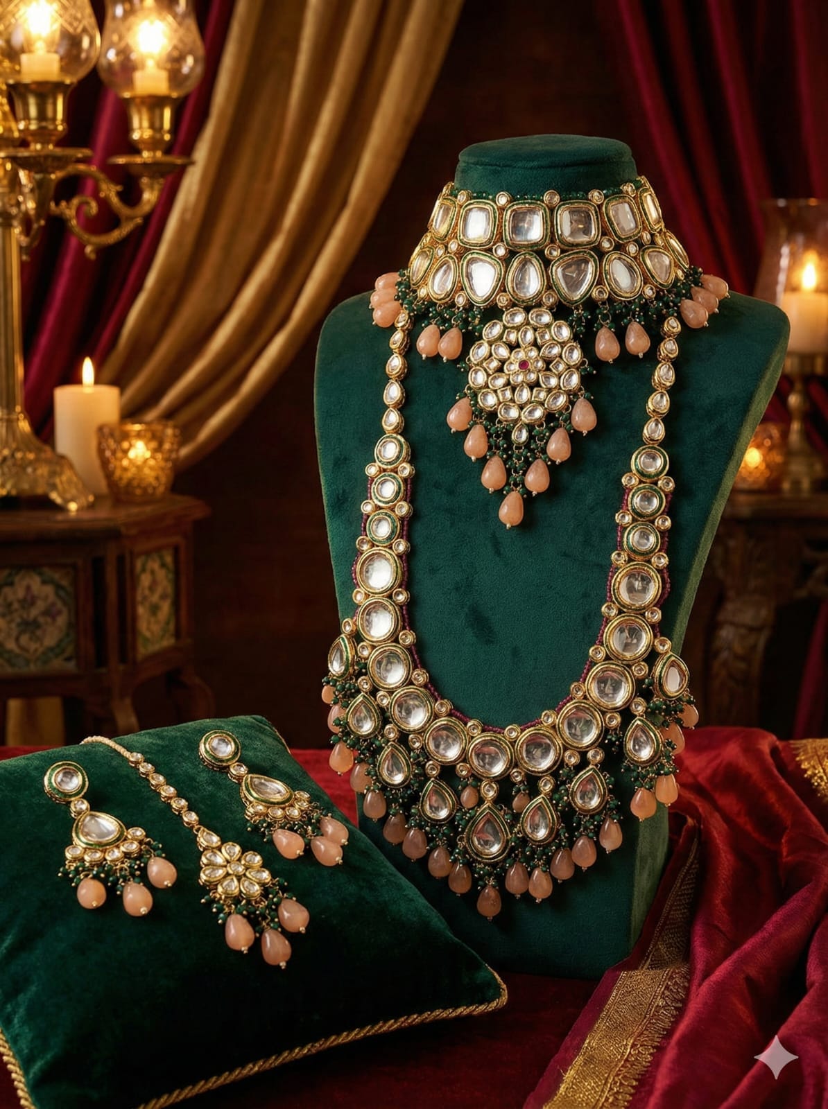 Zevar green kundan Bridal choker long necklace Emerald Green Kundan Bridal Choker & Long Necklace Set with Peach Drops