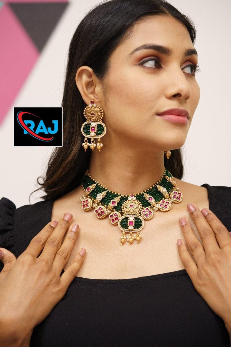 Zevar Green Trendy Kundan Stone Choker Necklace Set