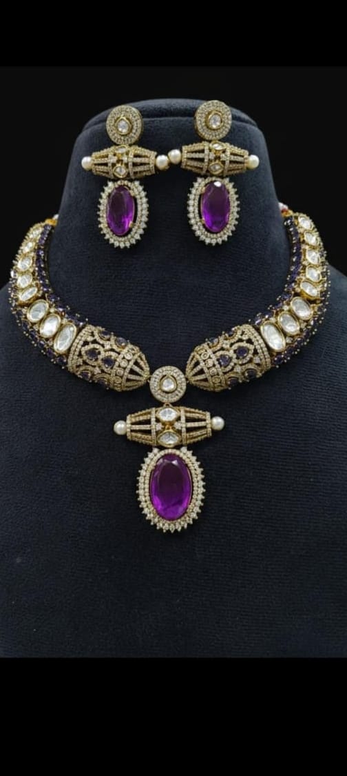 Zevar Hasli Necklace Set dark blue Roya Polki Kundan Hasli Necklace Set with Victorian Accents