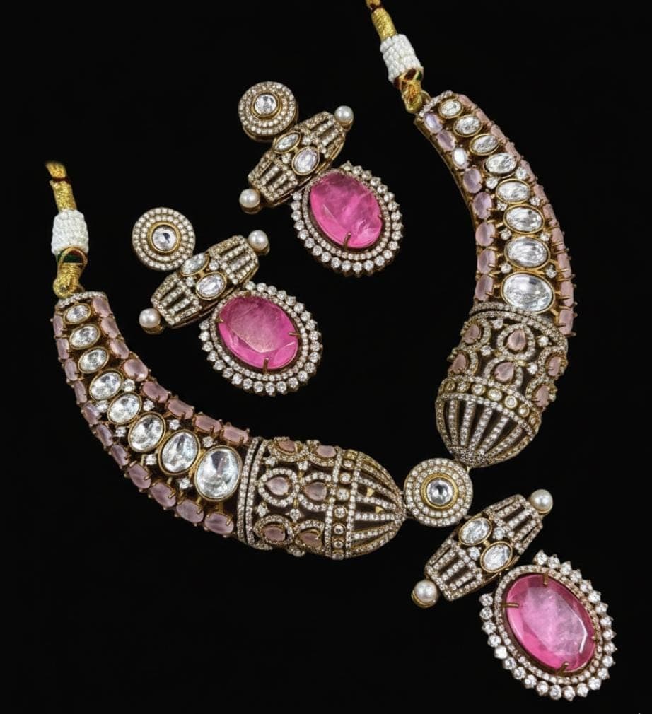 Zevar Hasli Necklace Set Dark Pink Roya Polki Kundan Hasli Necklace Set with Victorian Accents