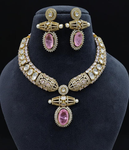 Zevar Hasli Necklace Set light pink Roya Polki Kundan Hasli Necklace Set with Victorian Accents