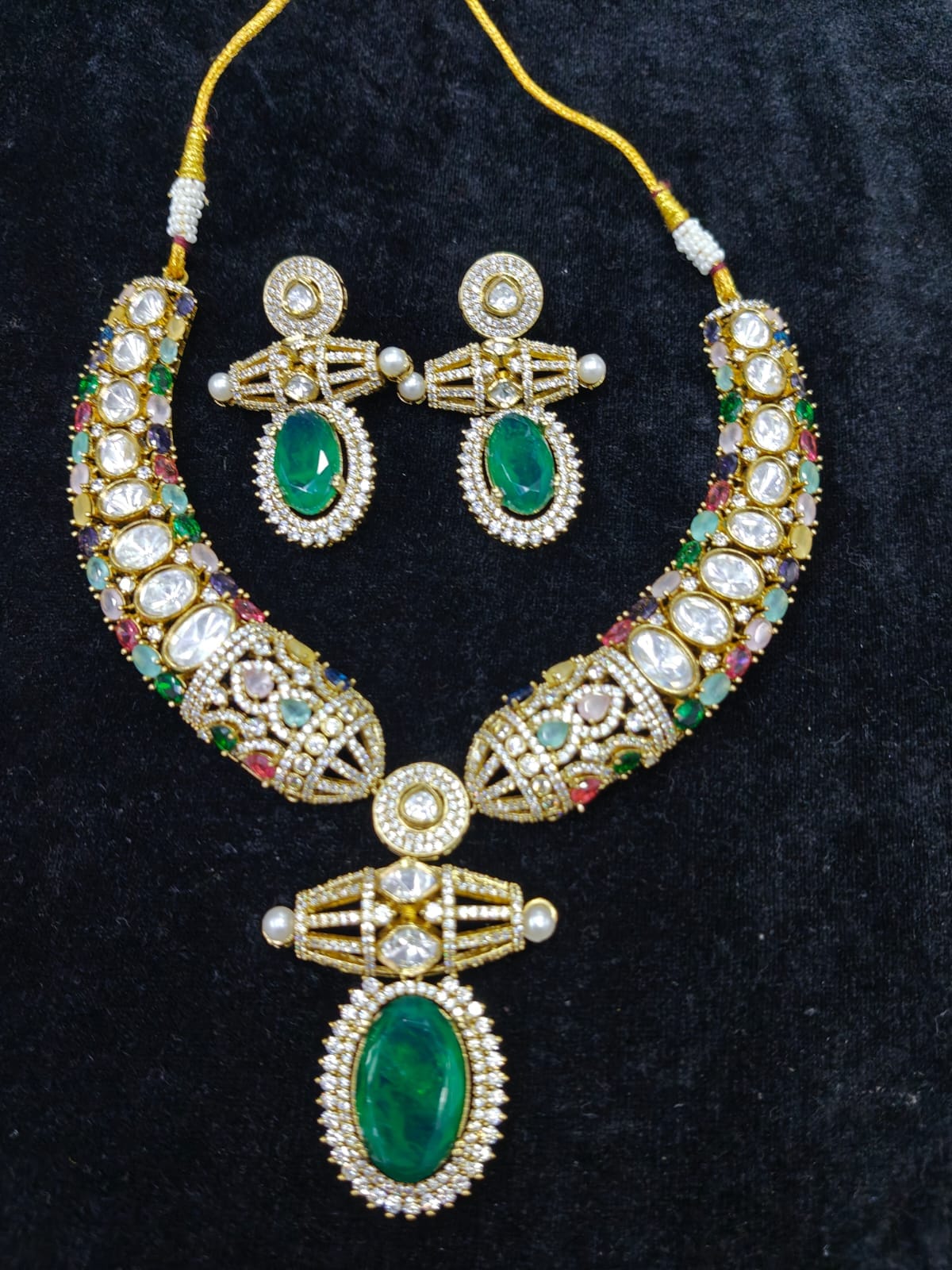 Zevar Hasli Necklace Set Multicolor Roya Polki Kundan Hasli Necklace Set with Victorian Accents