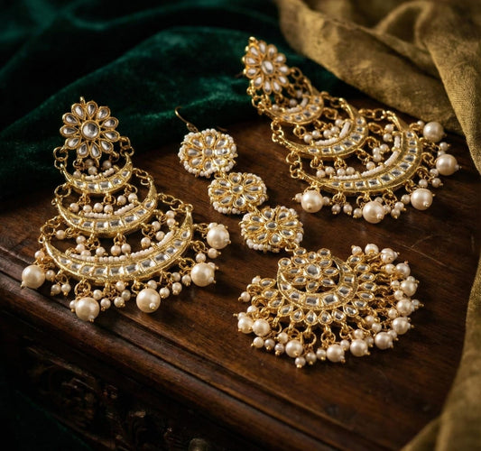 Zevar Jewellery Set Kundan Pearl Earrings & Maangtikka Set | Bridal Jewellery