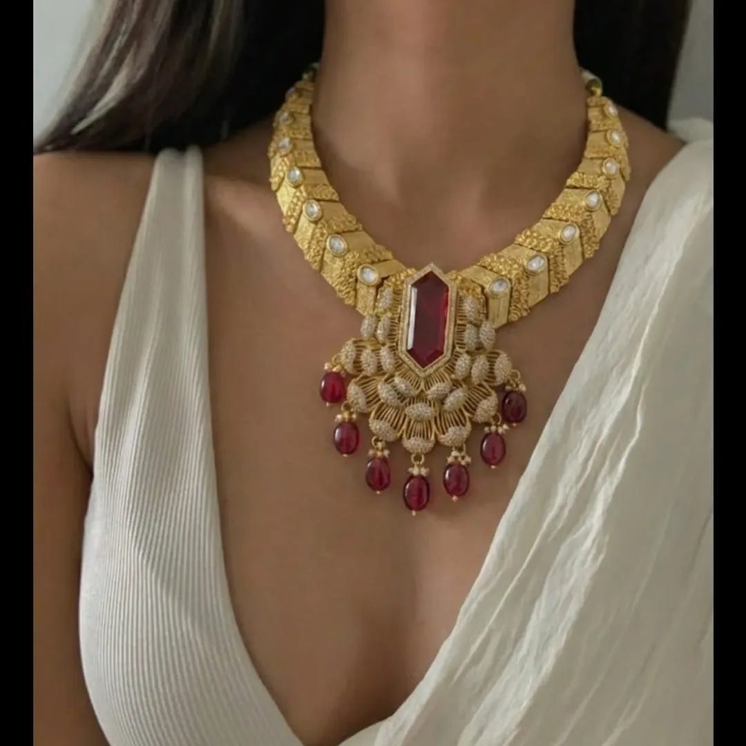 Zevar Jewellery Set Royal Antique Gold Plated Ruby Stone Bridal Necklace by zevar