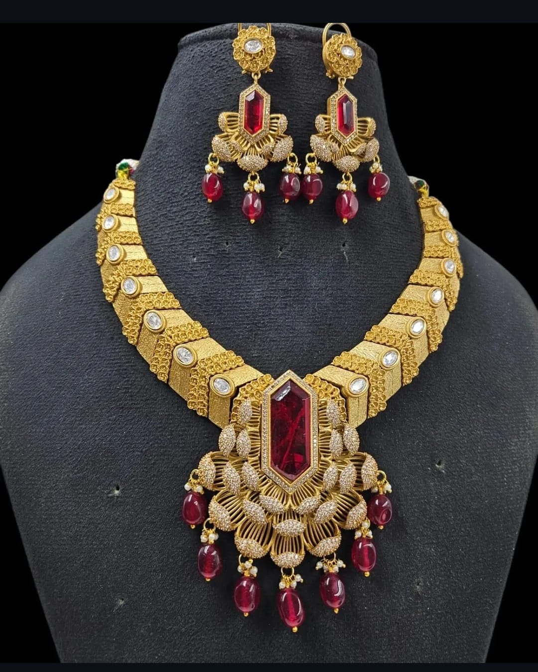 Zevar Jewellery Set Royal Antique Gold Plated Ruby Stone Bridal Necklace by zevar