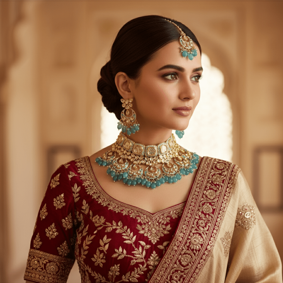 Zevar Jewelry Kundan Choker Necklace With Earrings & Maangtika