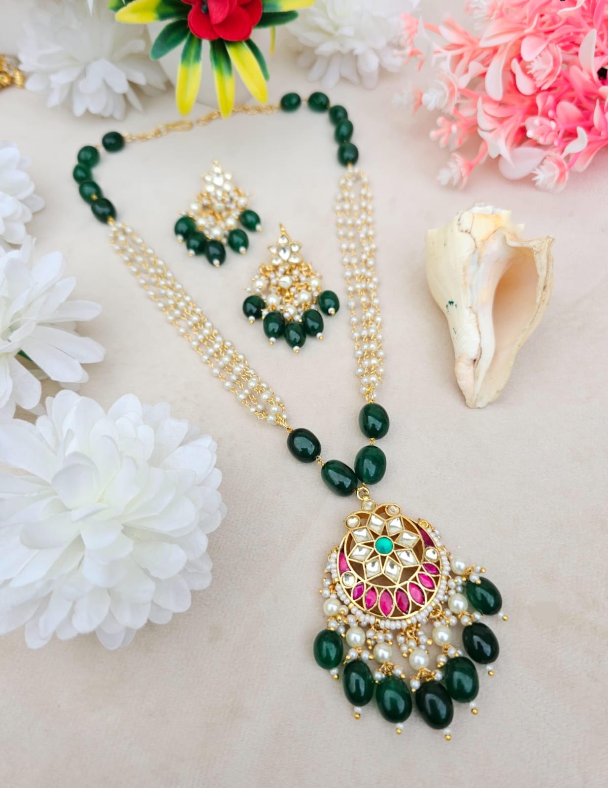 Zevar Jewelry Set Pachi Kundan Real Stones Long Pendant Set | Traditional Jewelry