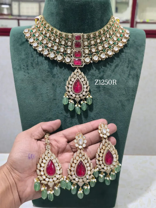 Zevar Jewelry Set Pink Polki Real Kundan Choker Necklace Set | Uncut Diamond Bridal Jewelry