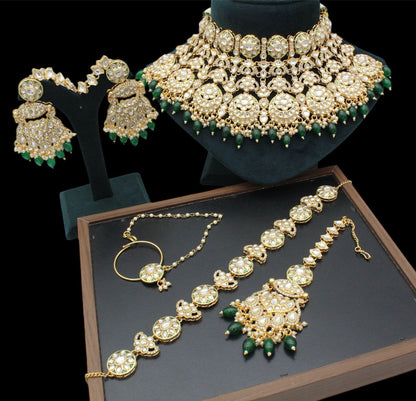 Zevar kudan Bridal Jewelry set Green Traditional Indian Kundan Bridal Jewelry  Set With Maroon Beads