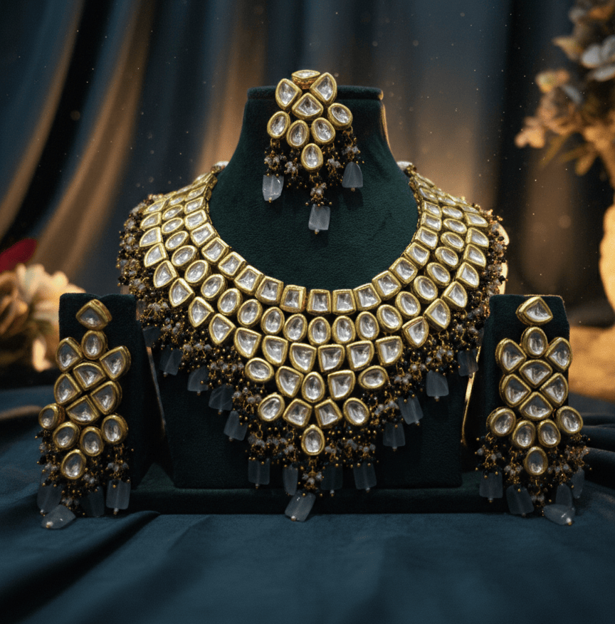 Zevar Kundan Bridal Choker Necklace Set LONG NECKLACE Royal Kundan Necklace with Grey Beads & Back Side Meenakari – Bridal Statement Jewellery Set