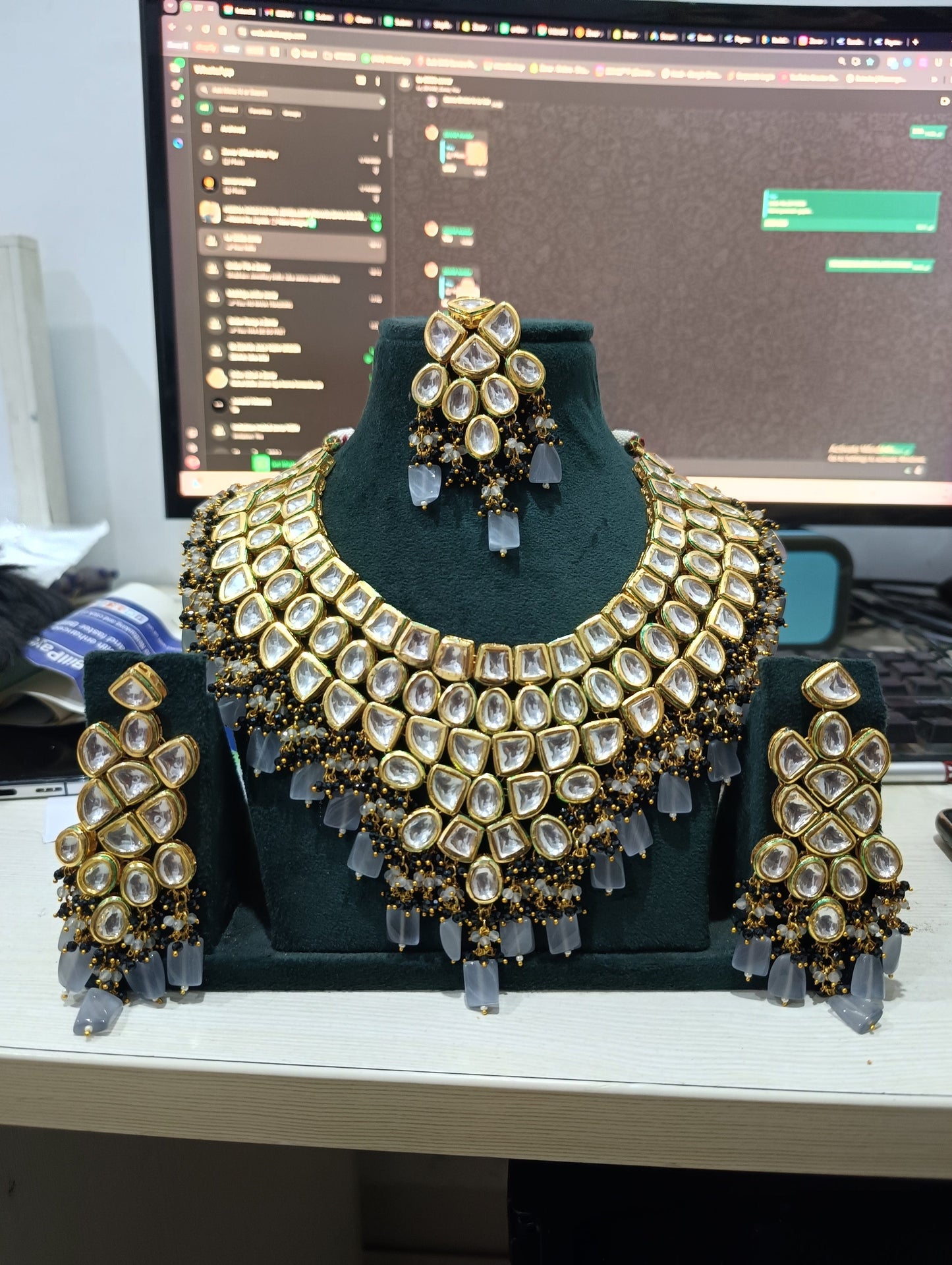 Zevar Kundan Bridal Choker Necklace Set LONG NECKLACE Royal Kundan Necklace with Grey Beads & Back Side Meenakari – Bridal Statement Jewellery Set