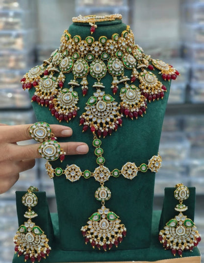 zevar Kundan Bridal Jewelry Set Bridal Kundan Pulki Necklace Set With Green Beads