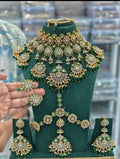 zevar Kundan Bridal Jewelry Set green Bridal Kundan Pulki Necklace Set With Green Beads
