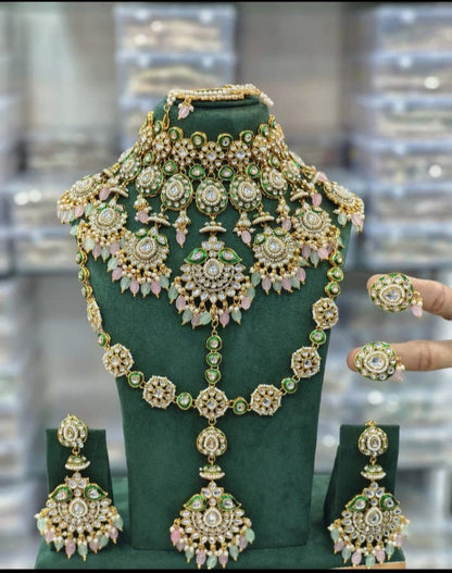 zevar Kundan Bridal Jewelry Set pink Bridal Kundan Pulki Necklace Set With Green Beads