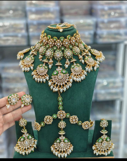 zevar Kundan Bridal Jewelry Set white Bridal Kundan Pulki Necklace Set With Green Beads