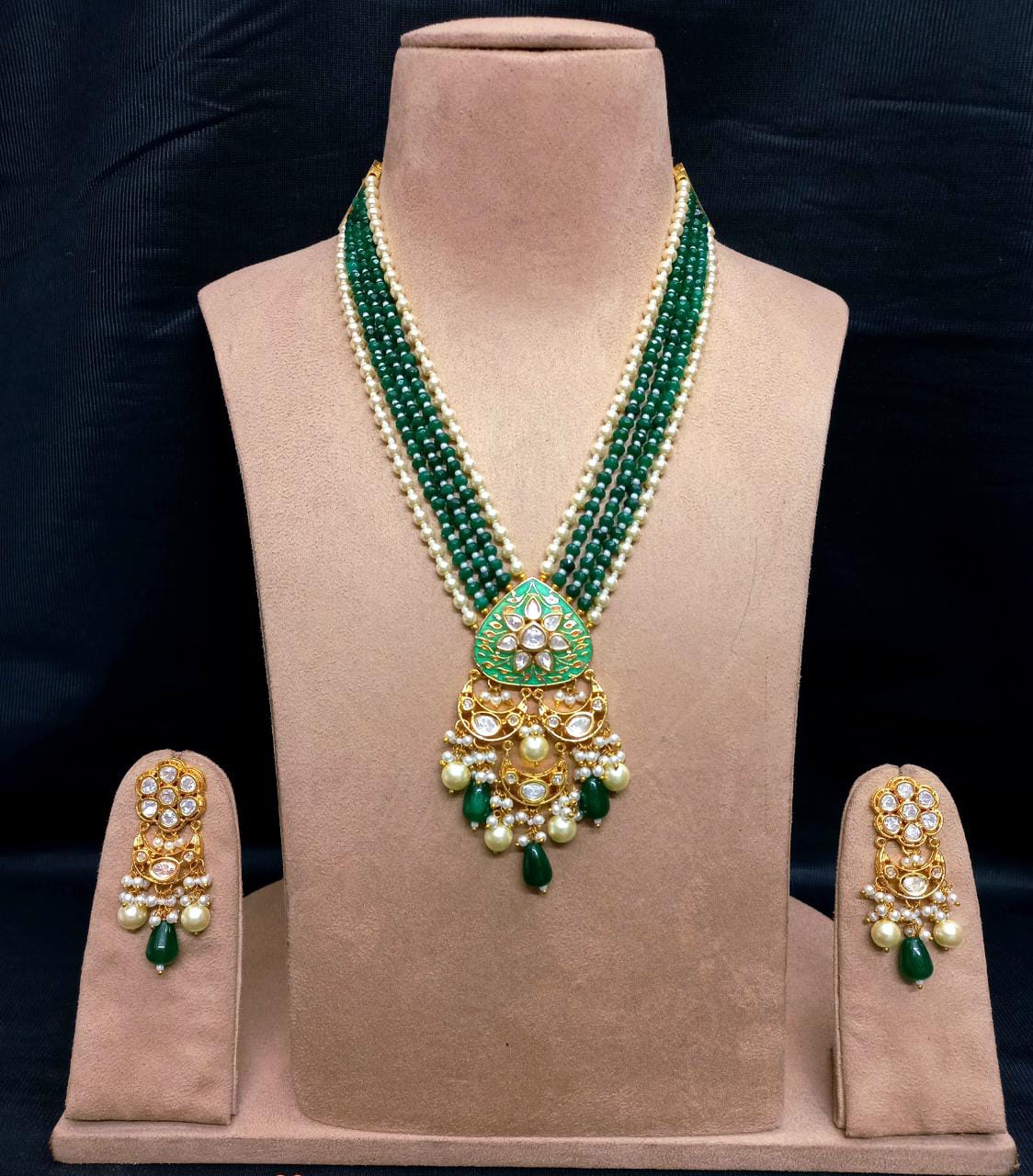 Zevar Long necklace Elegant Dark Green Long Pendant Set