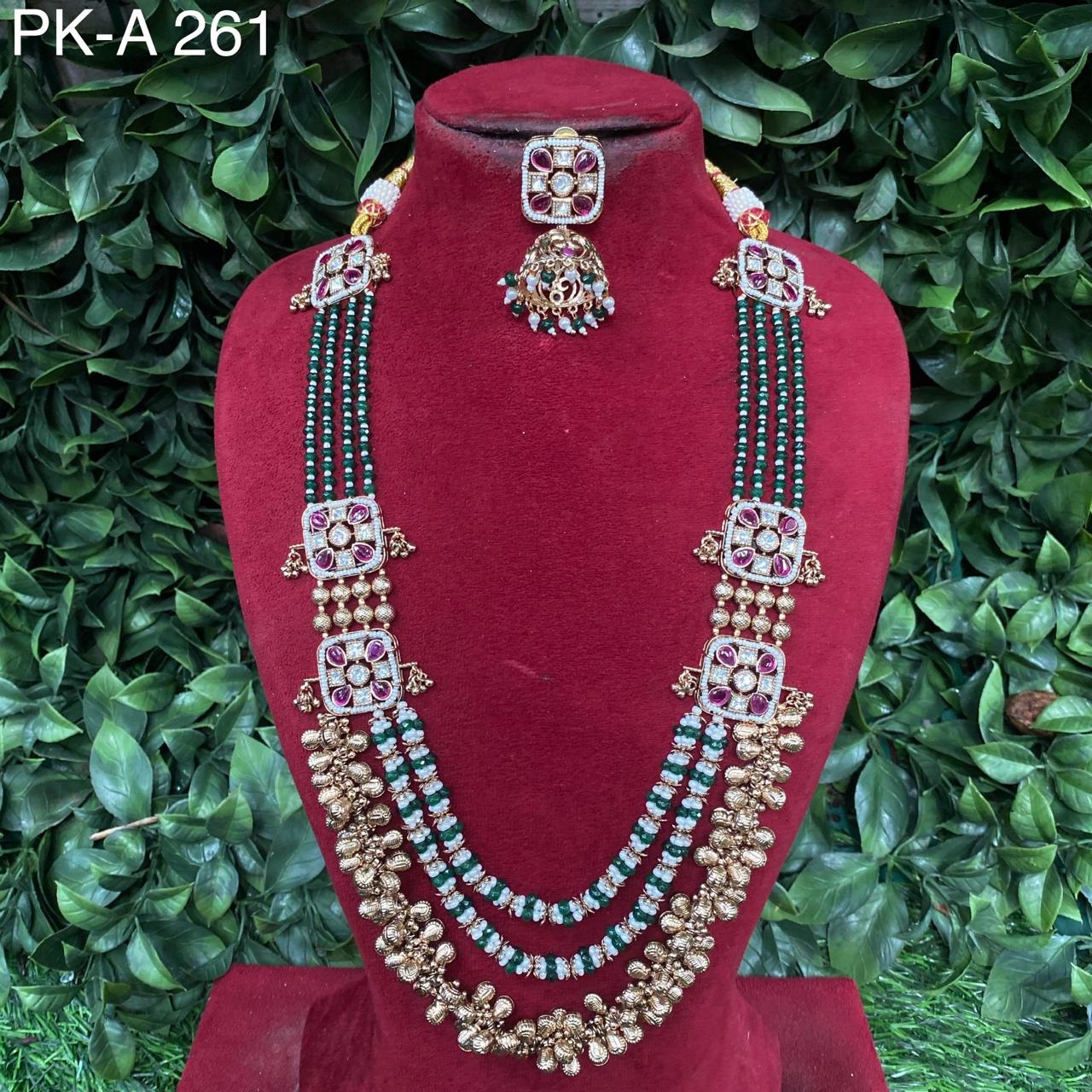 Zevar Long necklace Green Traditional South Indian Ruby Emerald Beaded Long Necklace Set