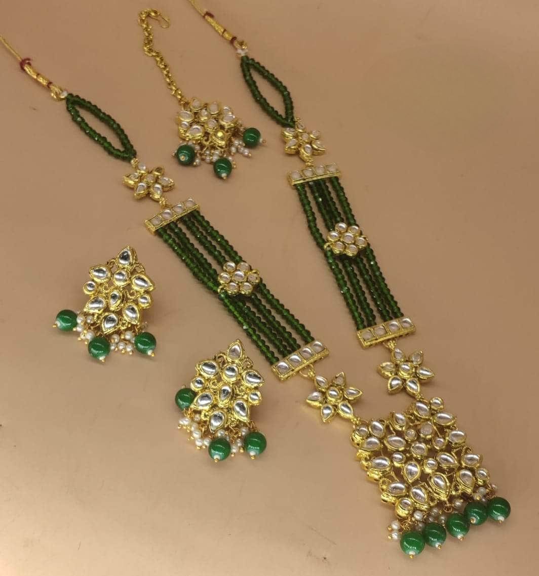 Zevar Long necklace Green ZEVAR I Kundan Studded & Pearl Beaded Long Necklace Set