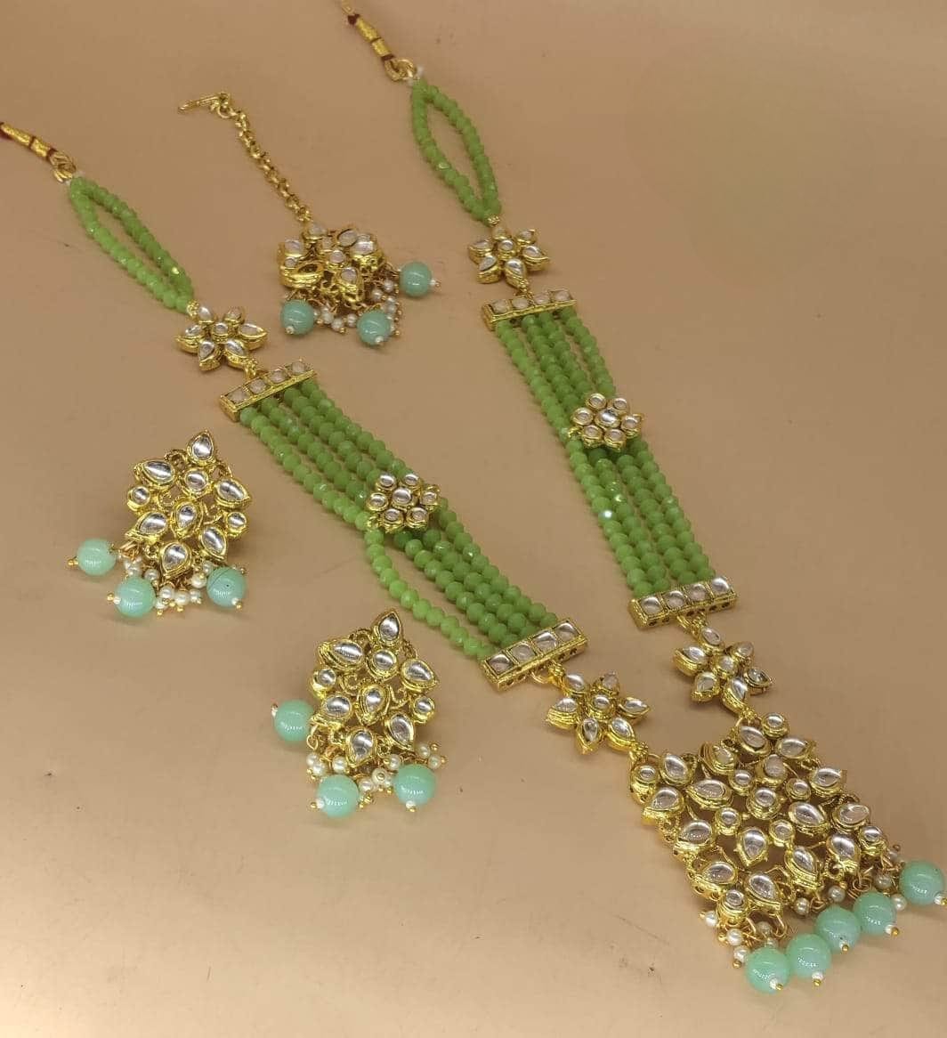 Zevar Long necklace Light Green ZEVAR I Kundan Studded & Pearl Beaded Long Necklace Set