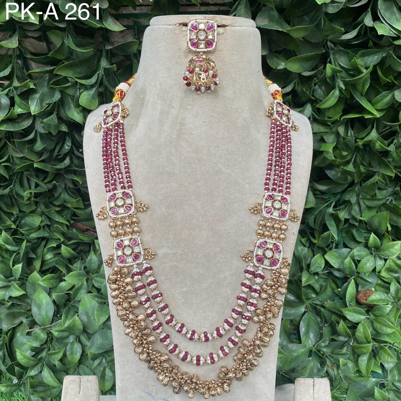 Zevar Long necklace Maroon Traditional South Indian Ruby Emerald Beaded Long Necklace Set