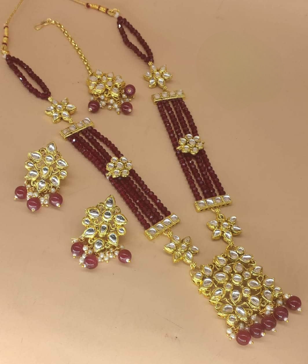 Zevar Long necklace Meroon ZEVAR I Kundan Studded & Pearl Beaded Long Necklace Set