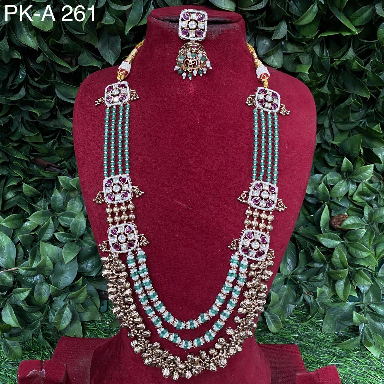 Zevar Long necklace Mint Green Traditional South Indian Ruby Emerald Beaded Long Necklace Set