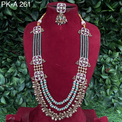 Zevar Long necklace Mint Green Traditional South Indian Ruby Emerald Beaded Long Necklace Set