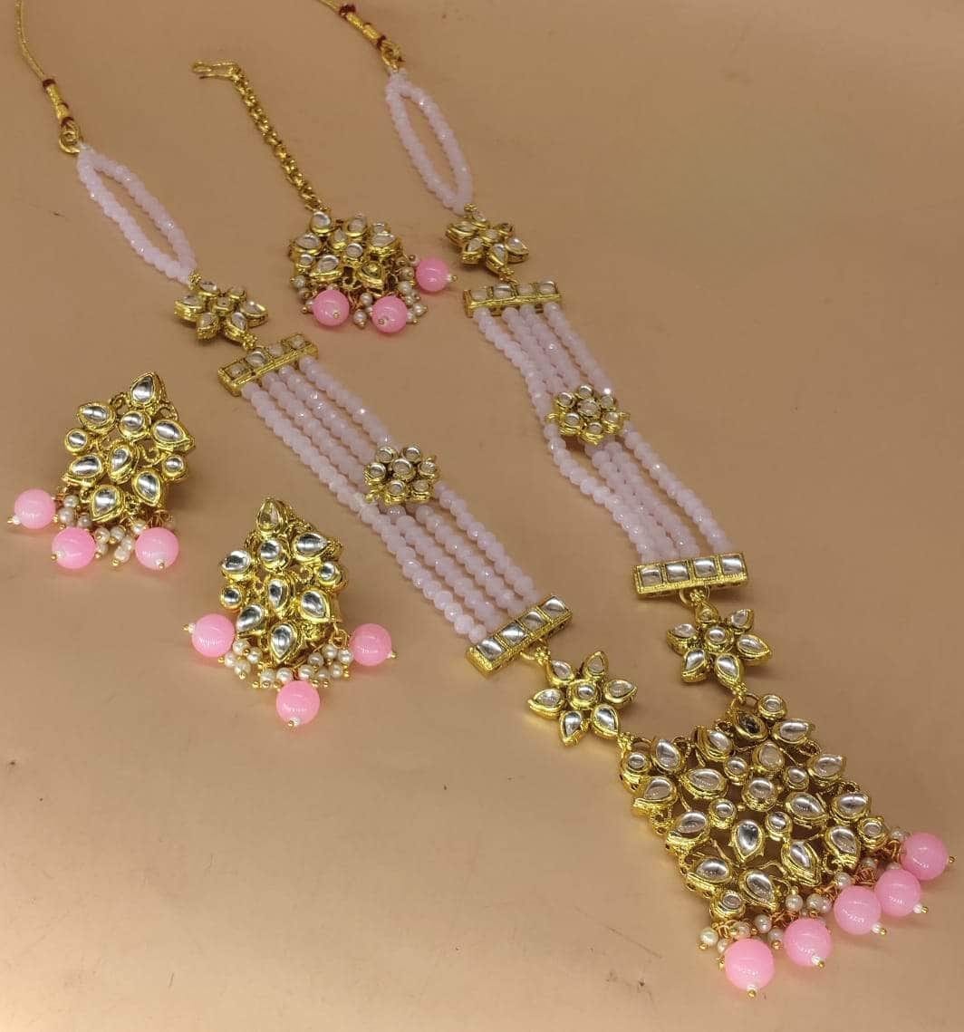 Zevar Long necklace Pink ZEVAR I Kundan Studded & Pearl Beaded Long Necklace Set