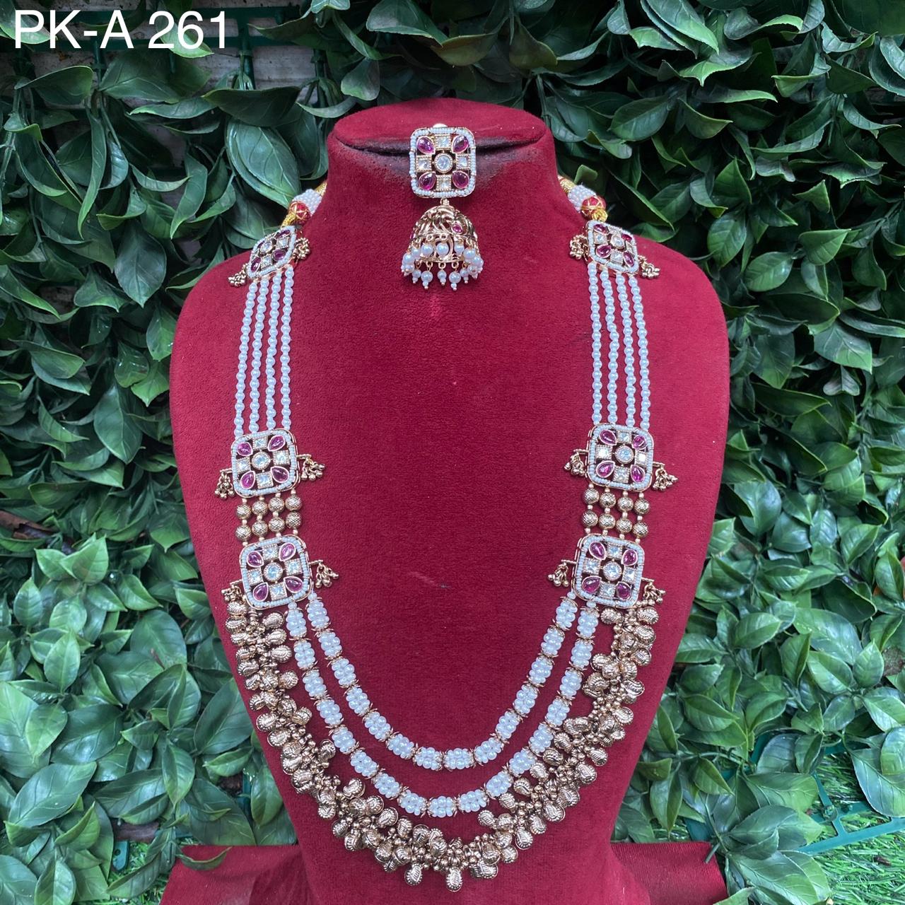 Zevar Long necklace White Traditional South Indian Ruby Emerald Beaded Long Necklace Set
