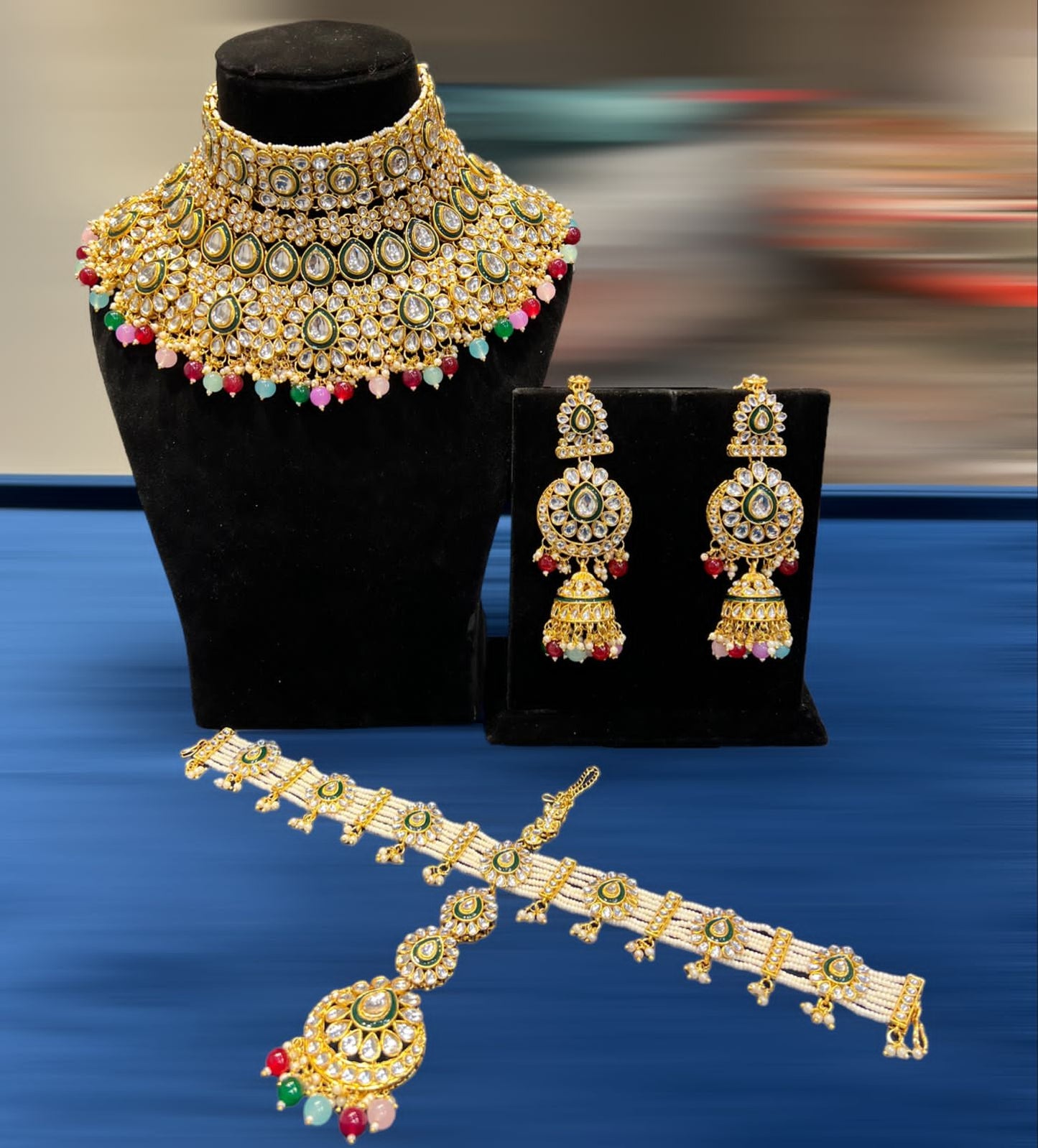 Zevar Multicolor Kundan Jewelry Set: Exquisite Copper-Based Pieces with a Rainbow of Elegance