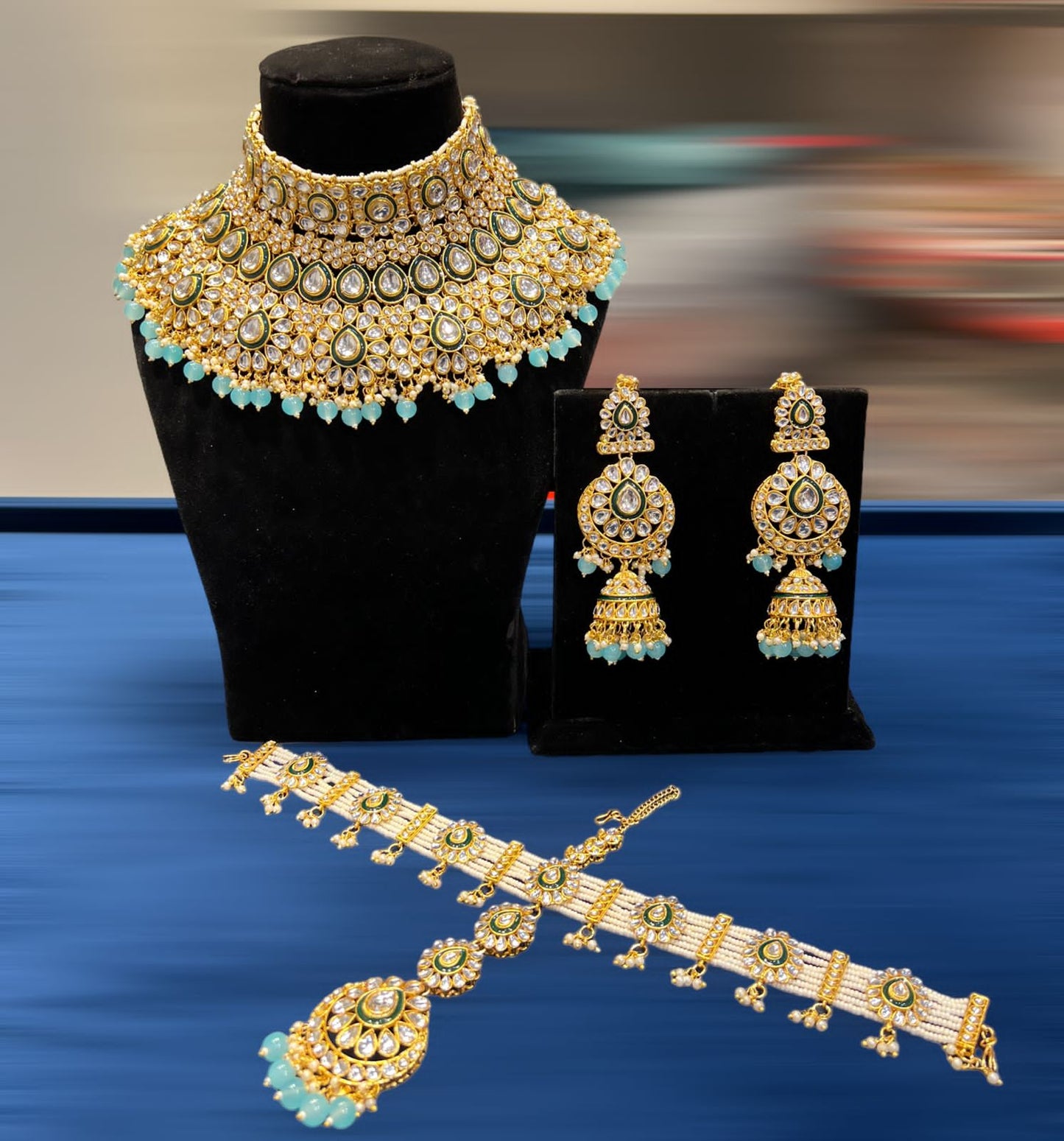 Zevar Necklace Blue Kundan Jewelry Ensemble: Stunning Copper-Based Pieces in Oceanic Elegance