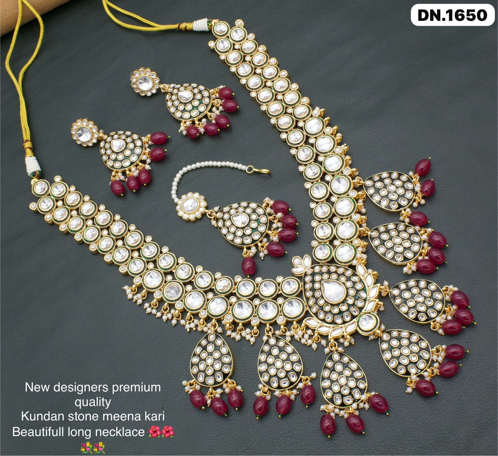 Zevar Necklace Dark Maroon Kundan Meenakari Worked Long Necklace Set