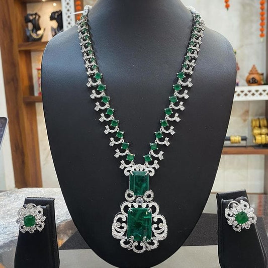 Zevar Necklace Elegant Green American Diamond Long Necklace Set