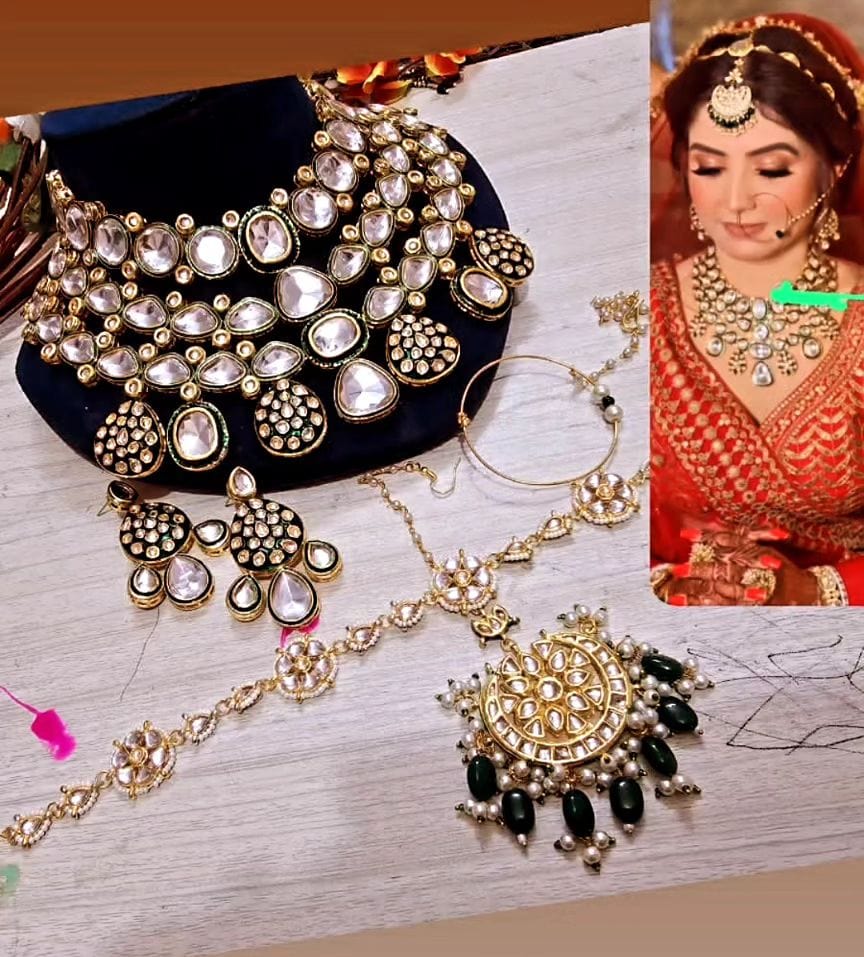 Zevar Necklace Elegant Green Kundan Choker Necklace Set for Timeless Beauty