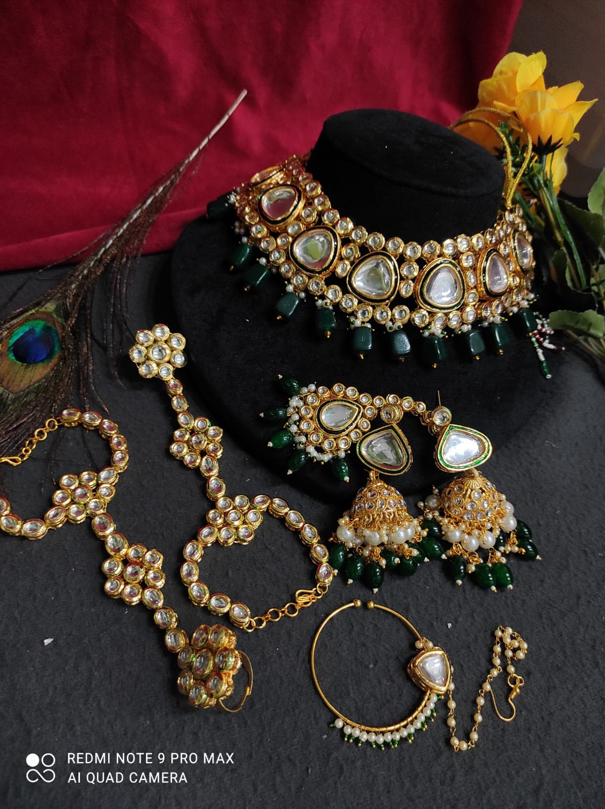 Zevar Necklace Exquisite Kundan Heavy Necklace Set in Green