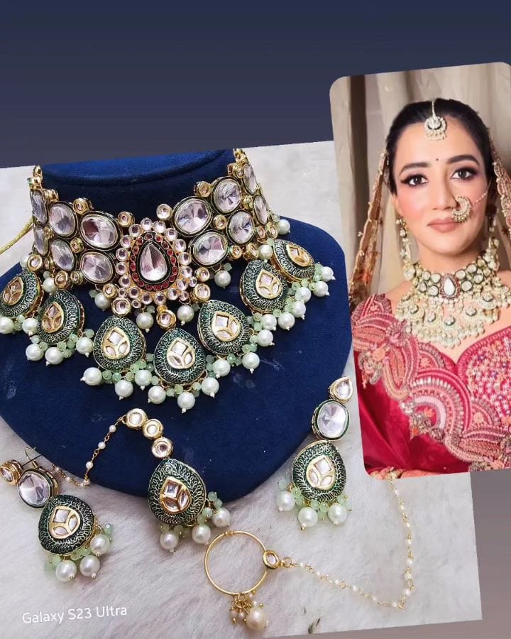 Zevar Necklace Green Kundan Choker Set: Radiate Elegance and Charm