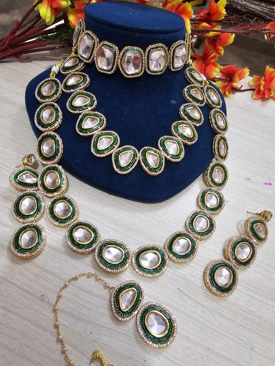 Zevar Necklace Green Kundan Long Necklace Semi-Bridal Set