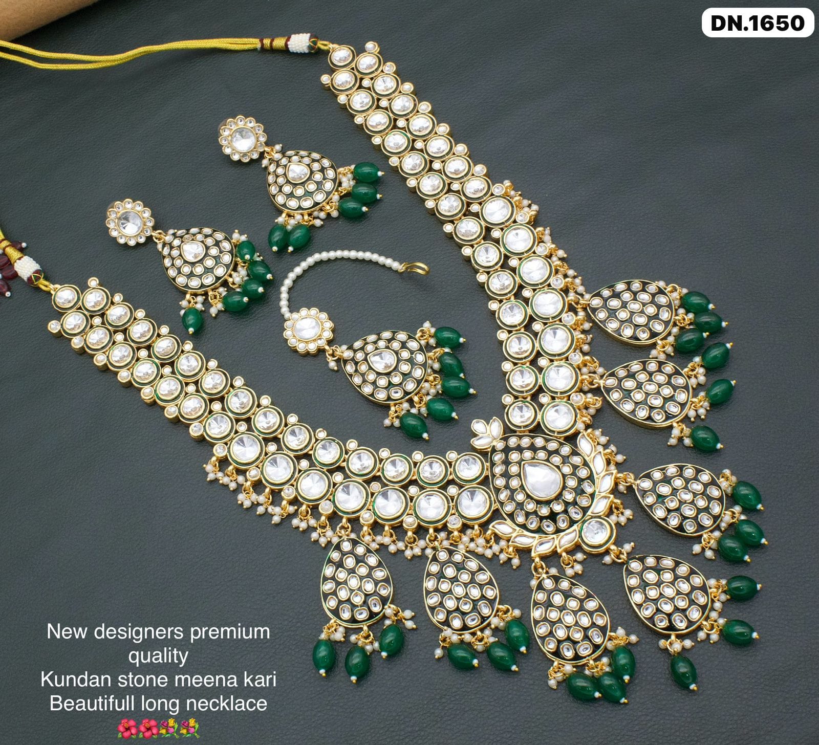 Zevar Necklace Green Kundan Meenakari Worked Long Necklace Set