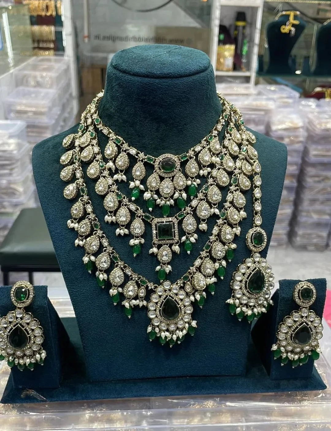 Zevar Necklace Green Monzonite Stones Semi Bridal Set - Unique Engagement & Wedding Rings