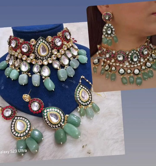 Zevar Necklace Green Moti and Maroon Stone Kundan Bridal Set: A Fusion of Elegance