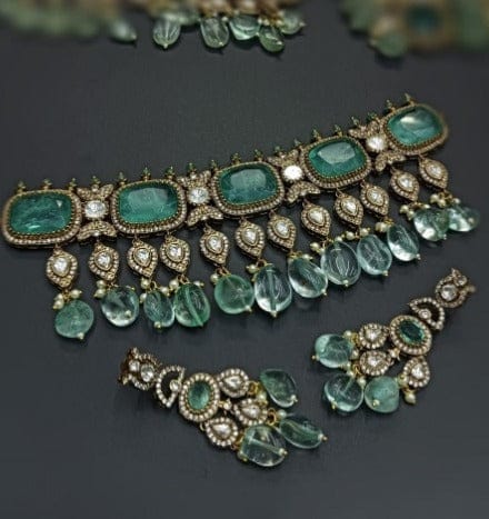 Zevar Necklace Green Polki Uncut Kundan Choker Necklace - Traditional Indian Jewelry