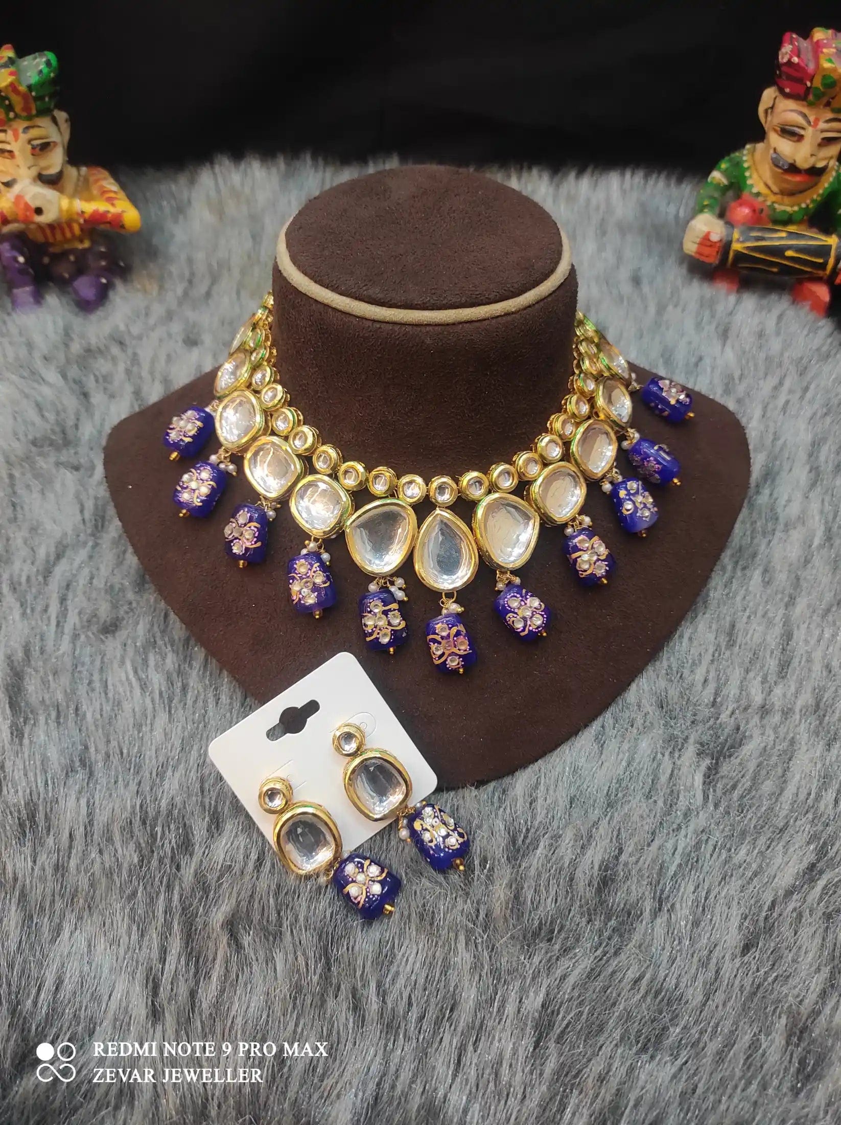 Zevar Necklace High-Quality Kundan Stone Choker Necklace Set - Dark Blue