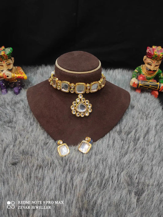 Zevar Necklace High-Quality Kundan Stone Choker Necklace Set - Golden