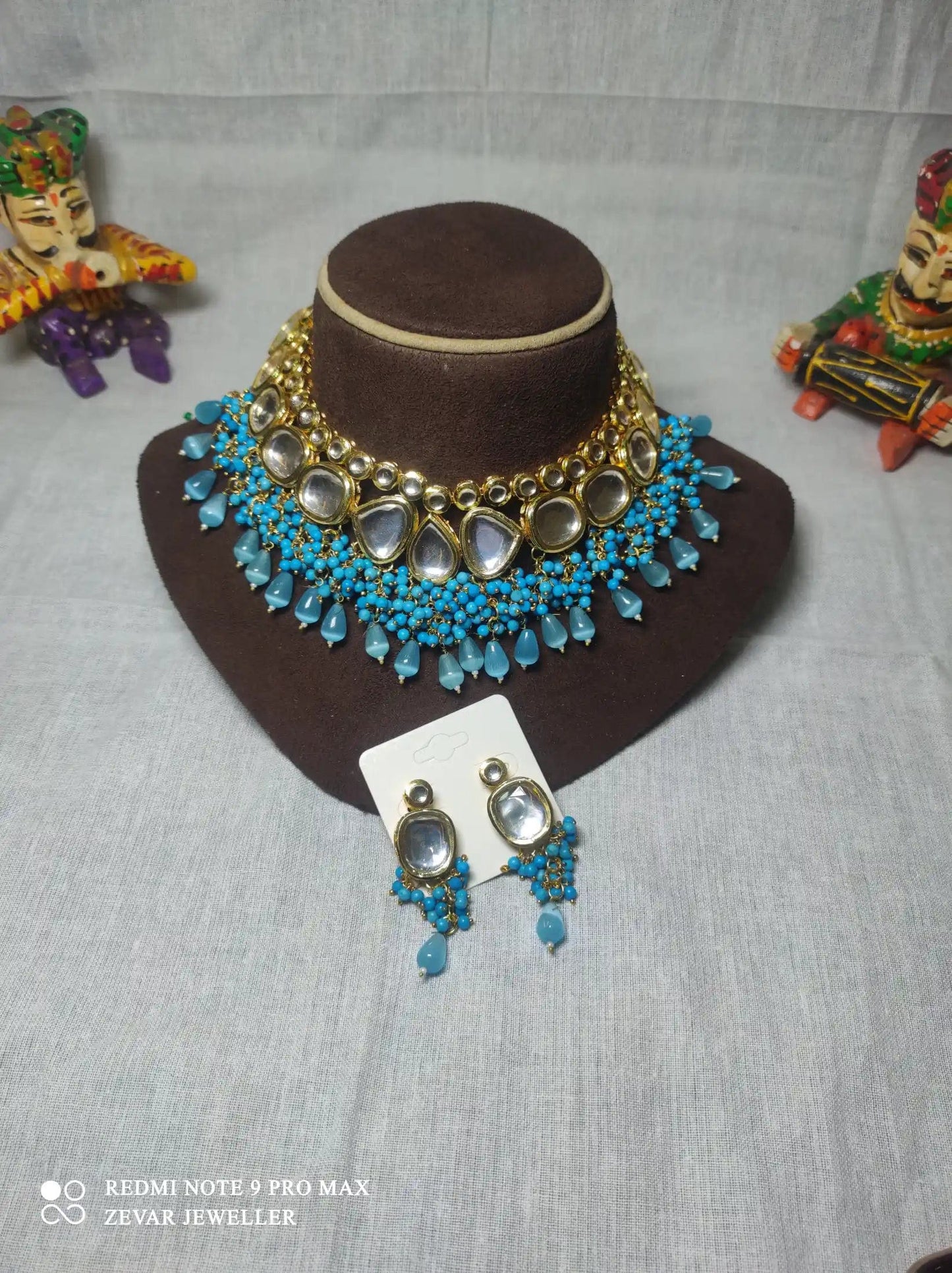 Zevar Necklace High-Quality Kundan Stone Choker Necklace Set - Light Blue